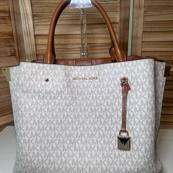 Michael Kors White and Brown Structured Tote - Picture 1 of 12